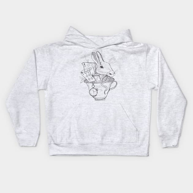 The white Rabbit in a mug Kids Hoodie by Carriefamous